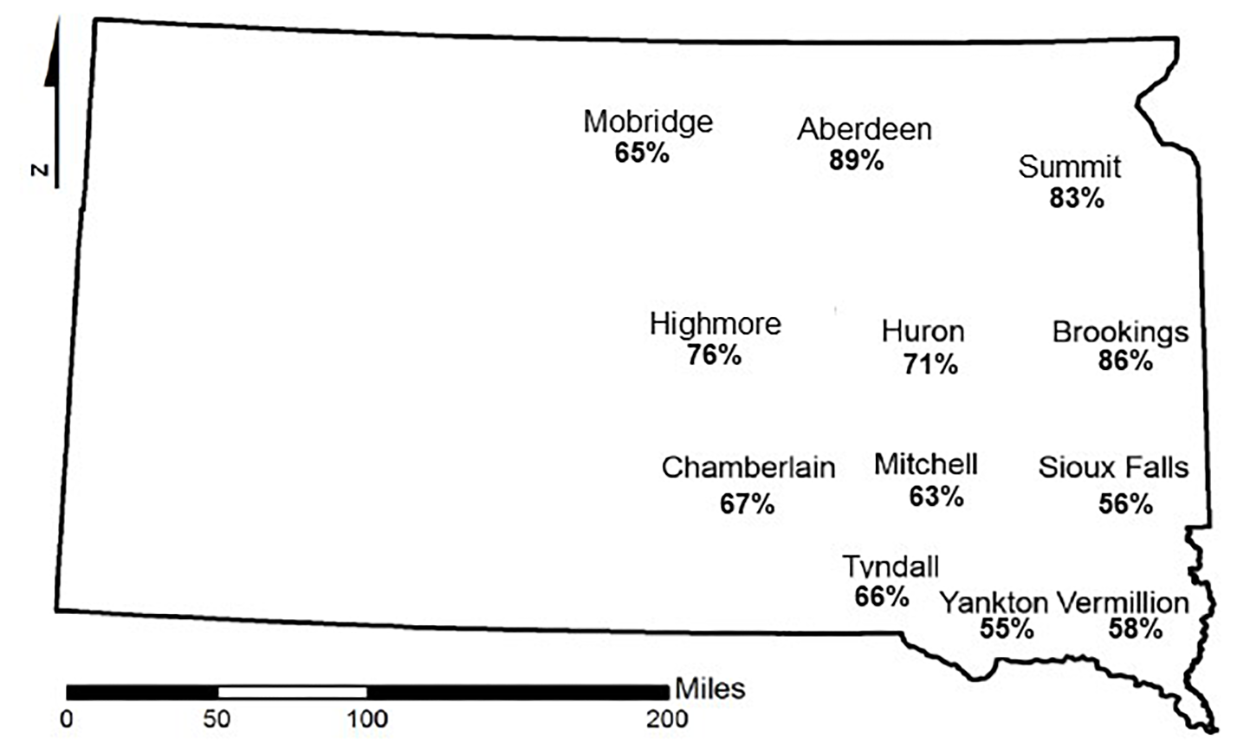 A map of South Dakota displaying the predicted bean leaf beetle mortalities based on air temperatures at or below 14 F or colder for South Dakota.