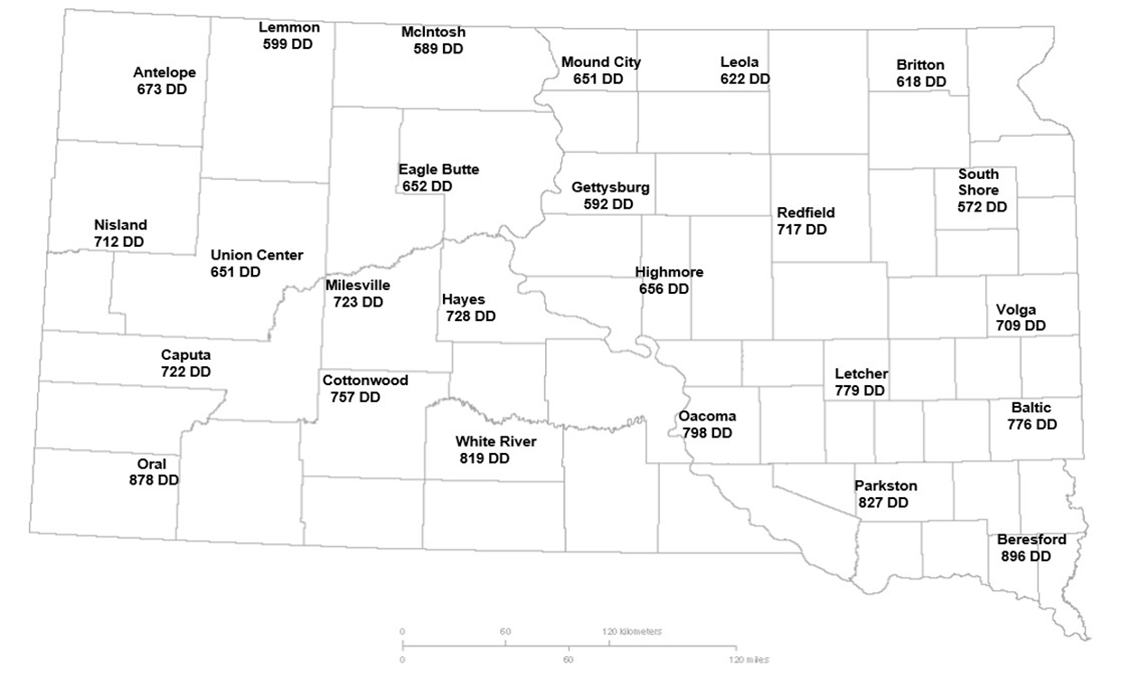 Figure showing the current degree day accumulations of alfalfa weevils for several South Dakota locations. For a detailed description, please call SDSU Extension at 605-688-4792.