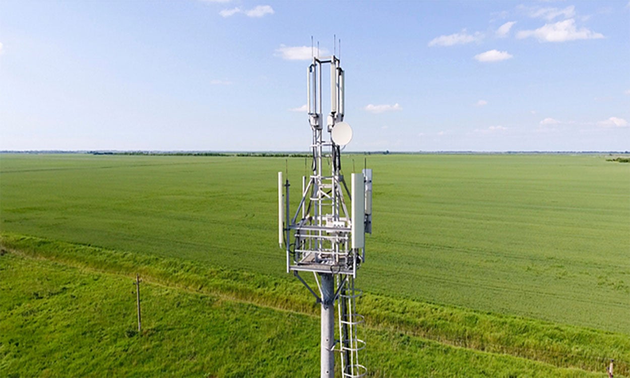 Rural cellular tower on the edge of a sprawling agricultural field.