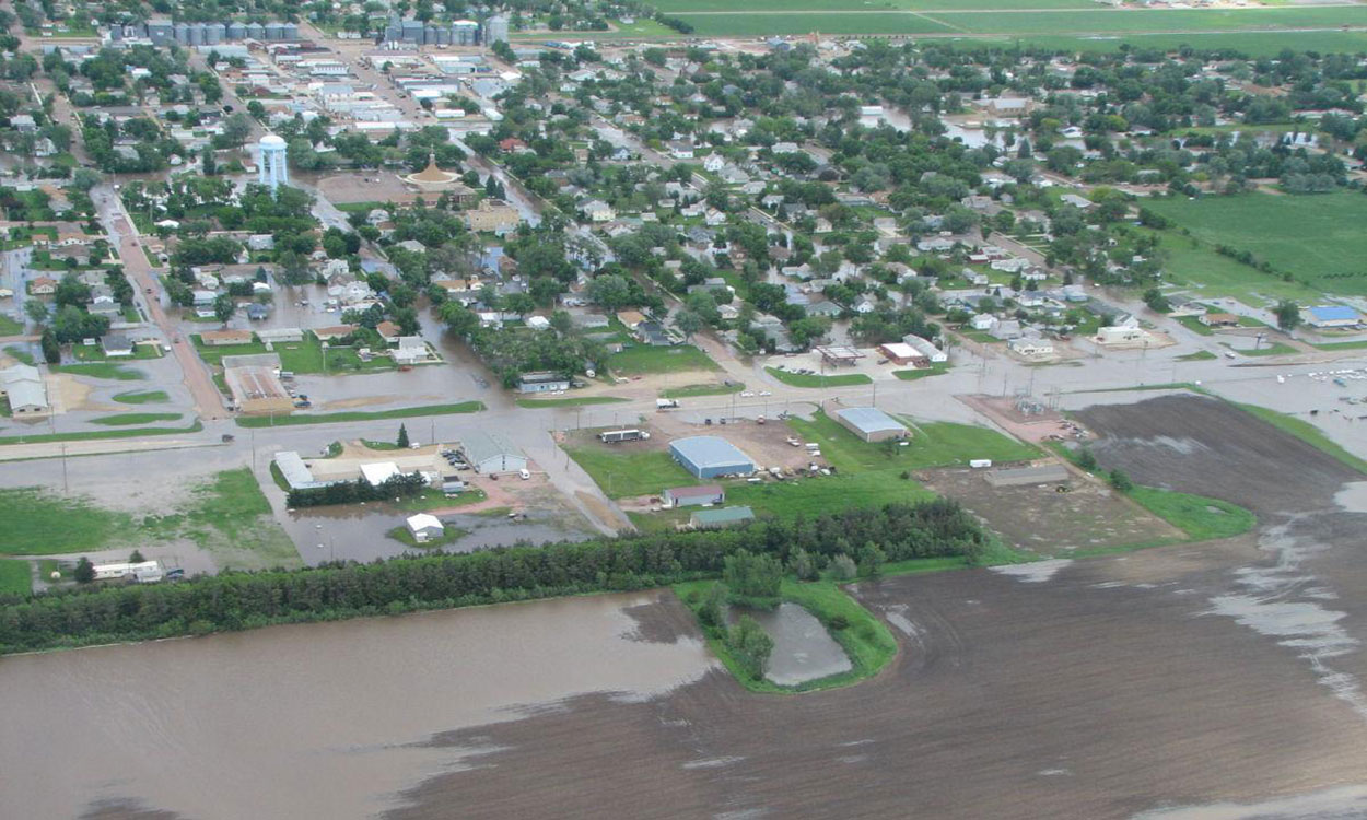 Aerial view of flooding along the Vermillion River of South Dakota.
