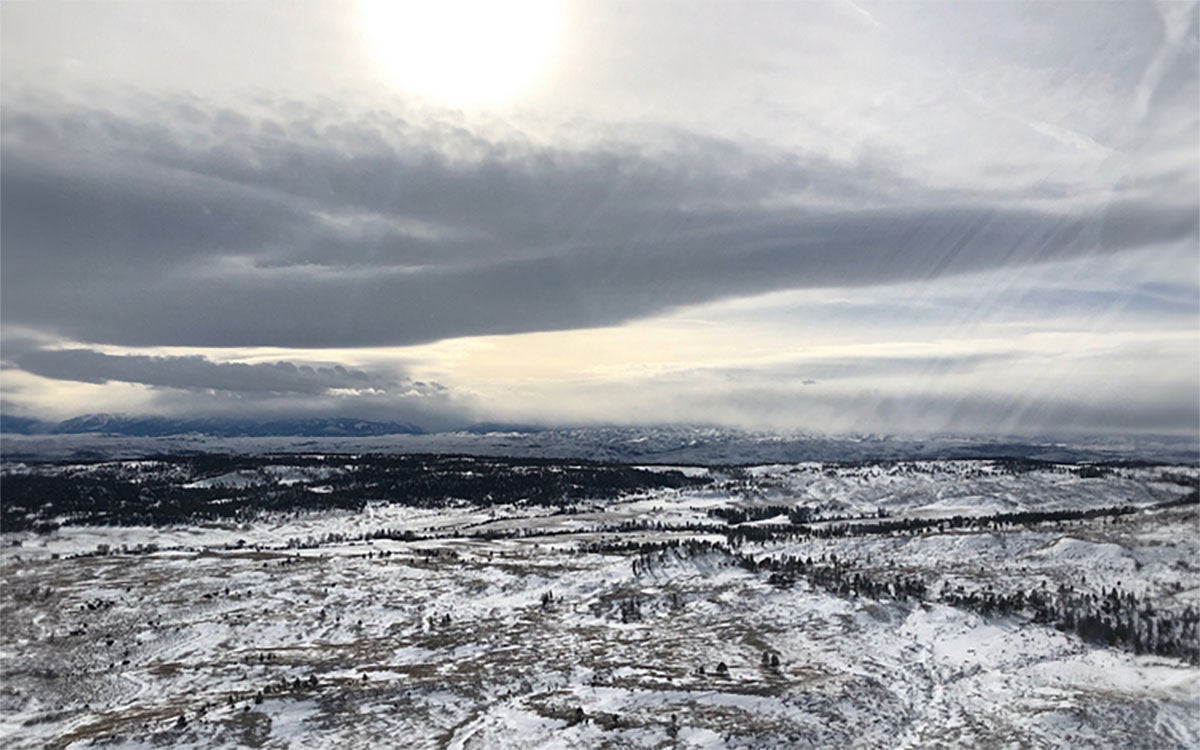 Aerial view of a snow-dusted South Dakota winter landscape.