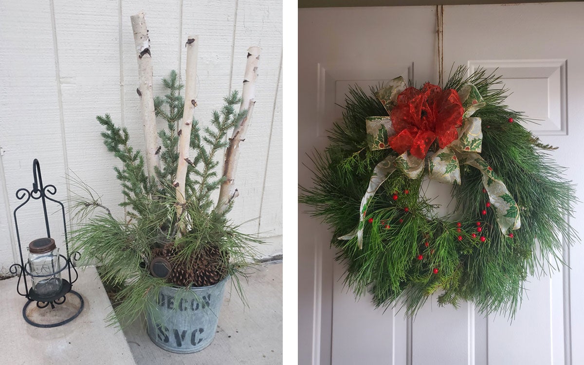 Left: Holiday greenery arranged in a porch pot. Right: Homemade Christmas wreath hanging on a door.
