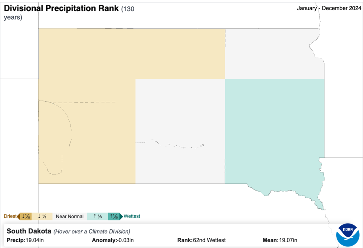 A color-coded map of South Dakota showing annual precipitation rankings by climate division. For a detailed description, please call SDSU Extension at 605-688-4792.