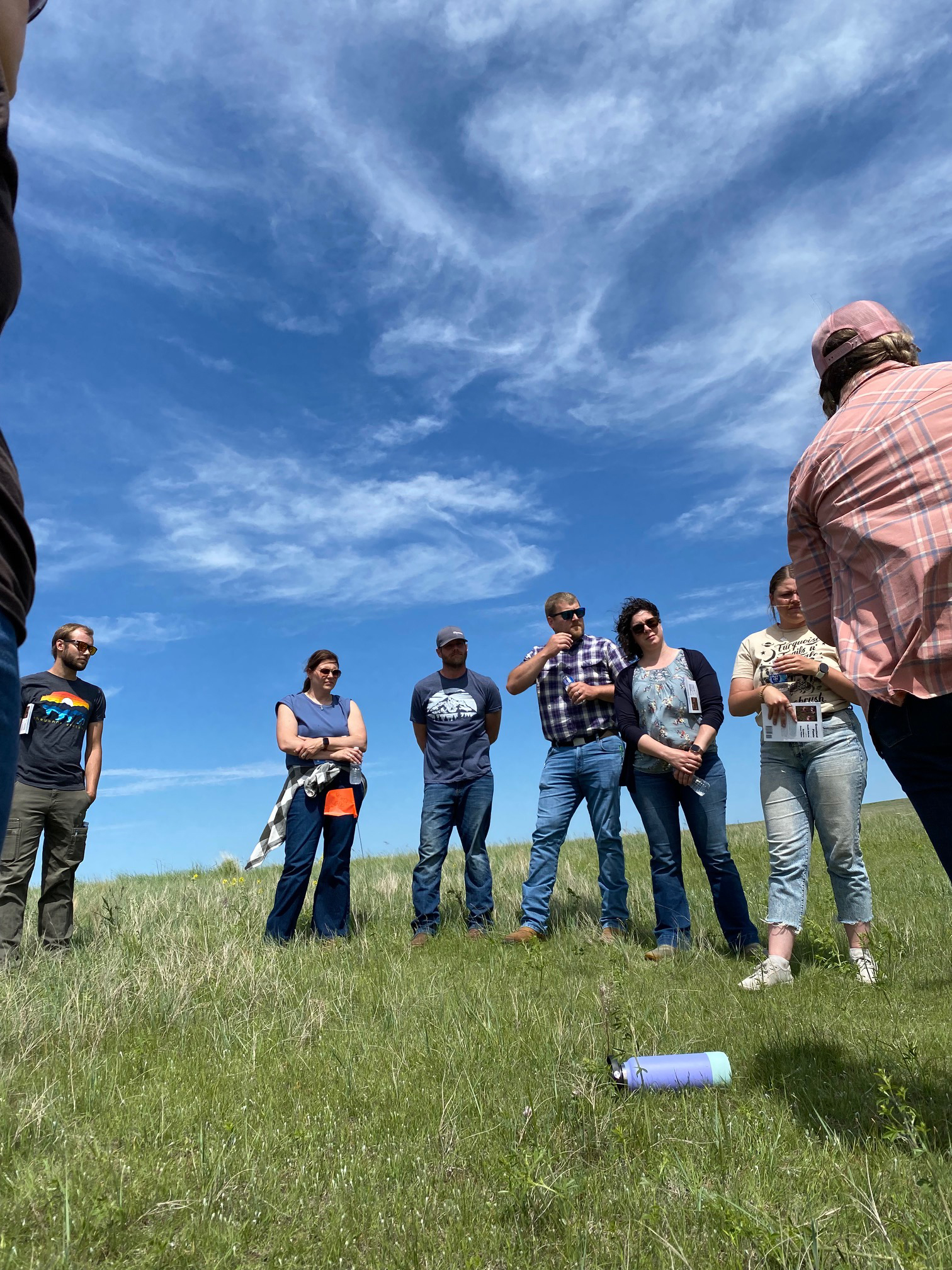 A group of people stands in a pasture