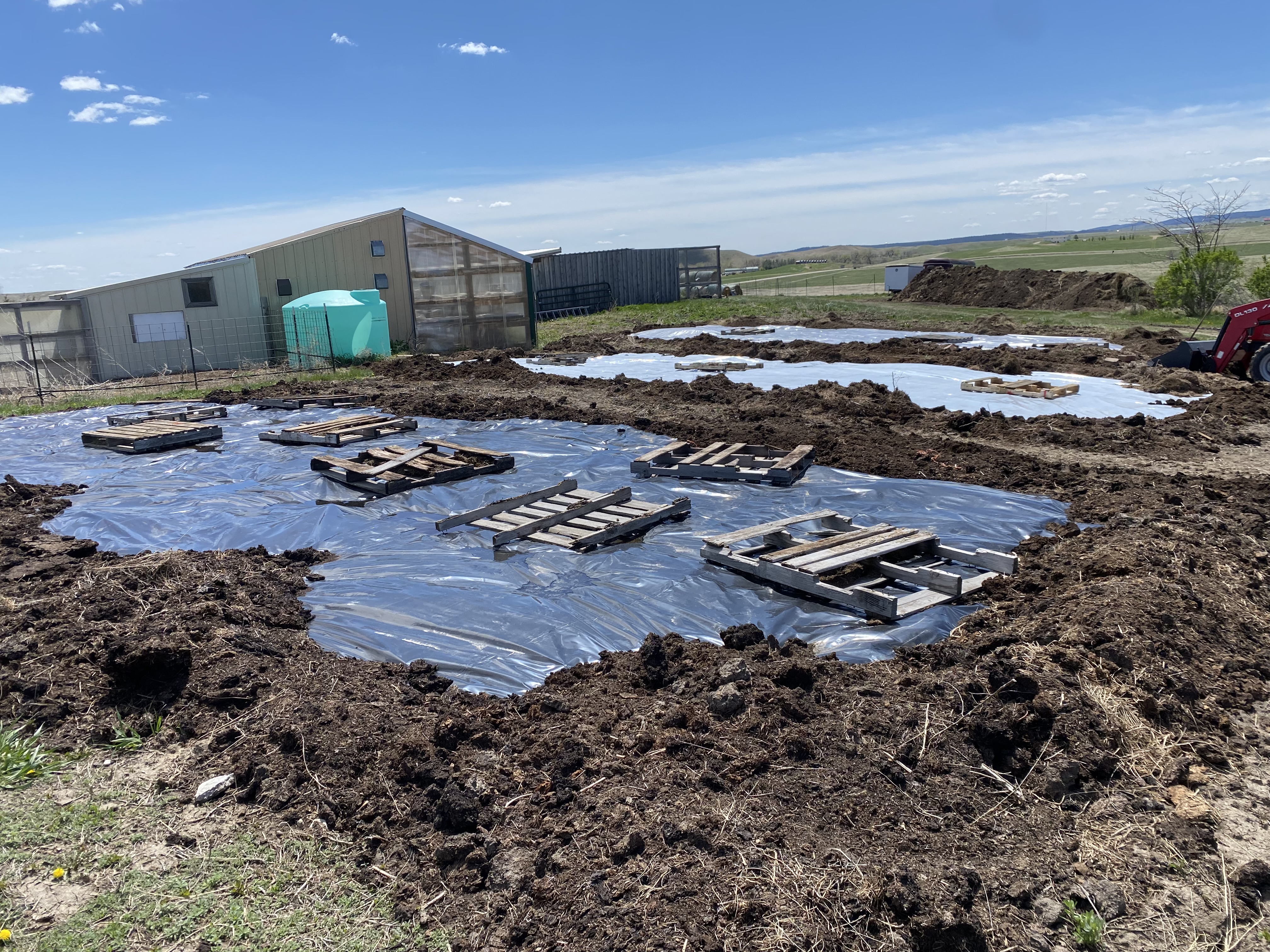 Black, white and clear plastic tarps on top of soil with wooden pallets on top black, clear and white tarps covering the middle and compost mounded around the edges with wooden pallets on top