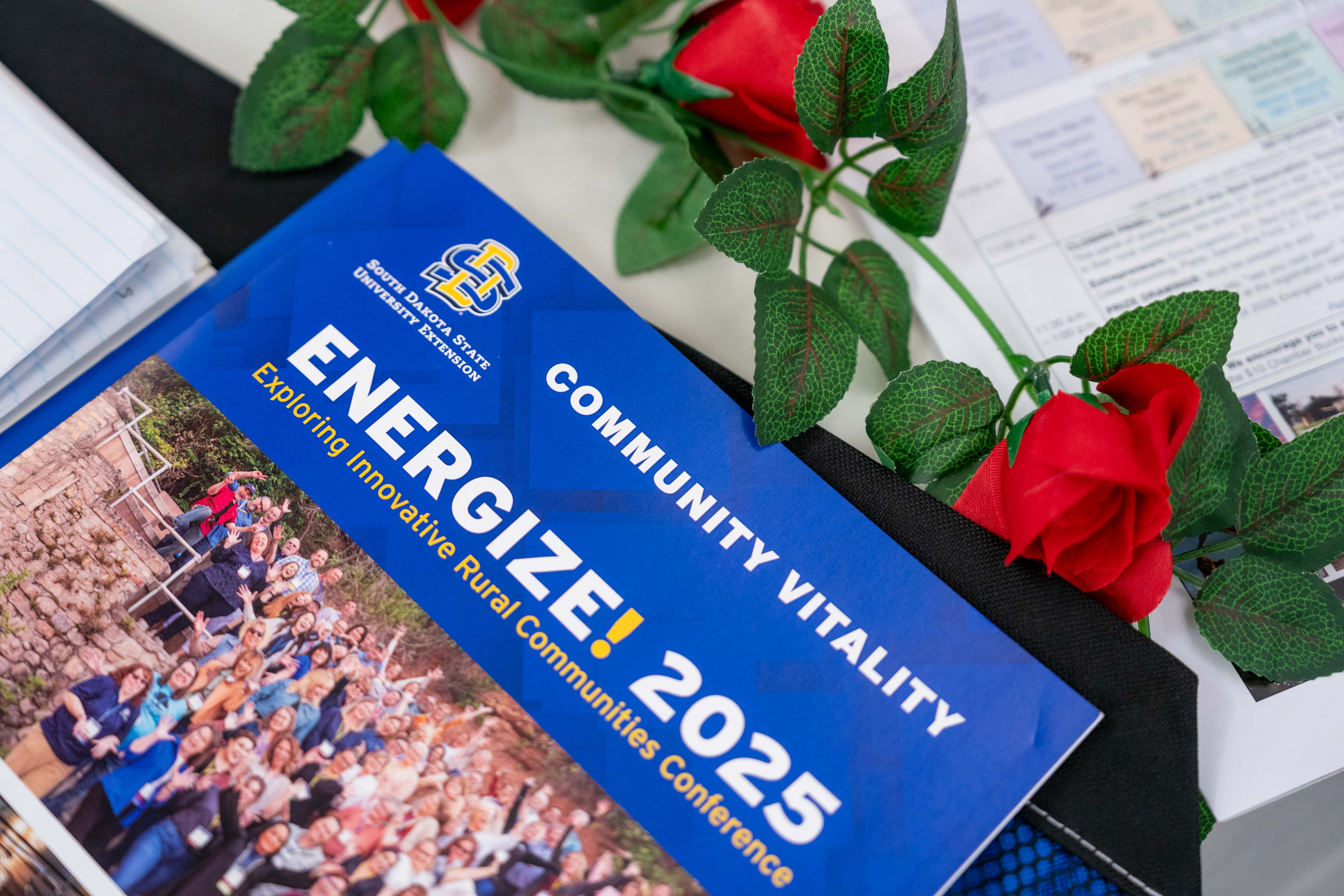 A brochure that says "Energize 2025" sits on a table with red roses laying next to it