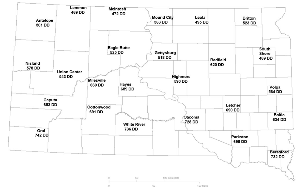 Map showing the current degree day accumulations of alfalfa weevils for several South Dakota locations. For a detailed description, please call SDSU Extension at 605-688-4792.