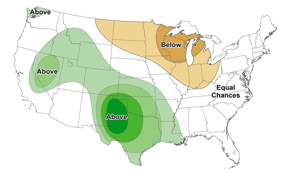 Color-coded map showing precipitation outlook for the United States. For a detailed description, please call SDSU Extension at 605-688-4792.