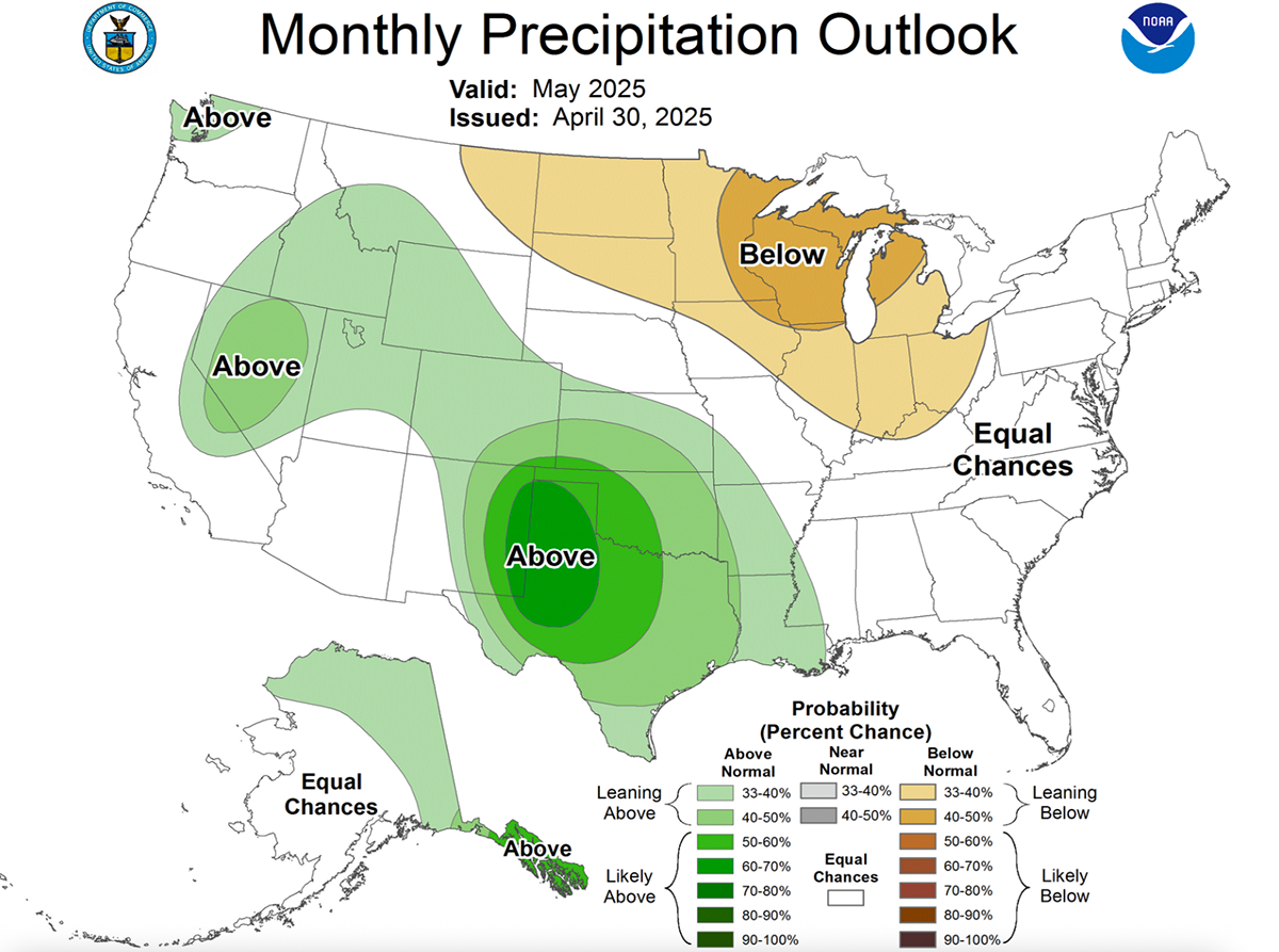 Color-coded map showing precipitation outlook for the United States. For a detailed description, please call SDSU Extension at 605-688-4792.