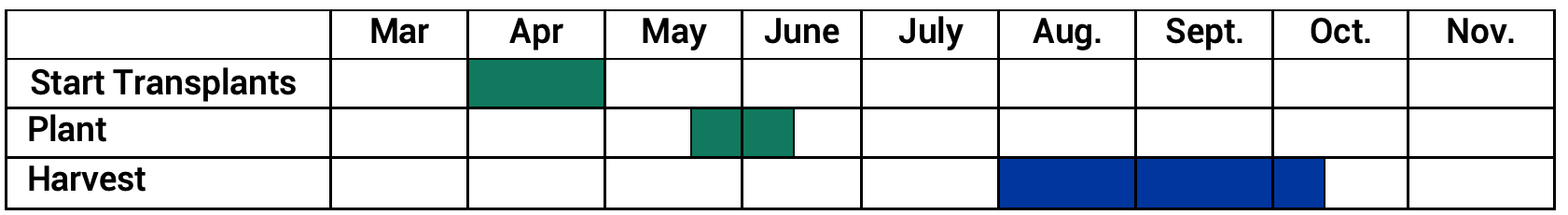 Eggplant growth and harvest timeline. For a detailed description of this graphic, please call SDSU Extension at 605-688-4792.