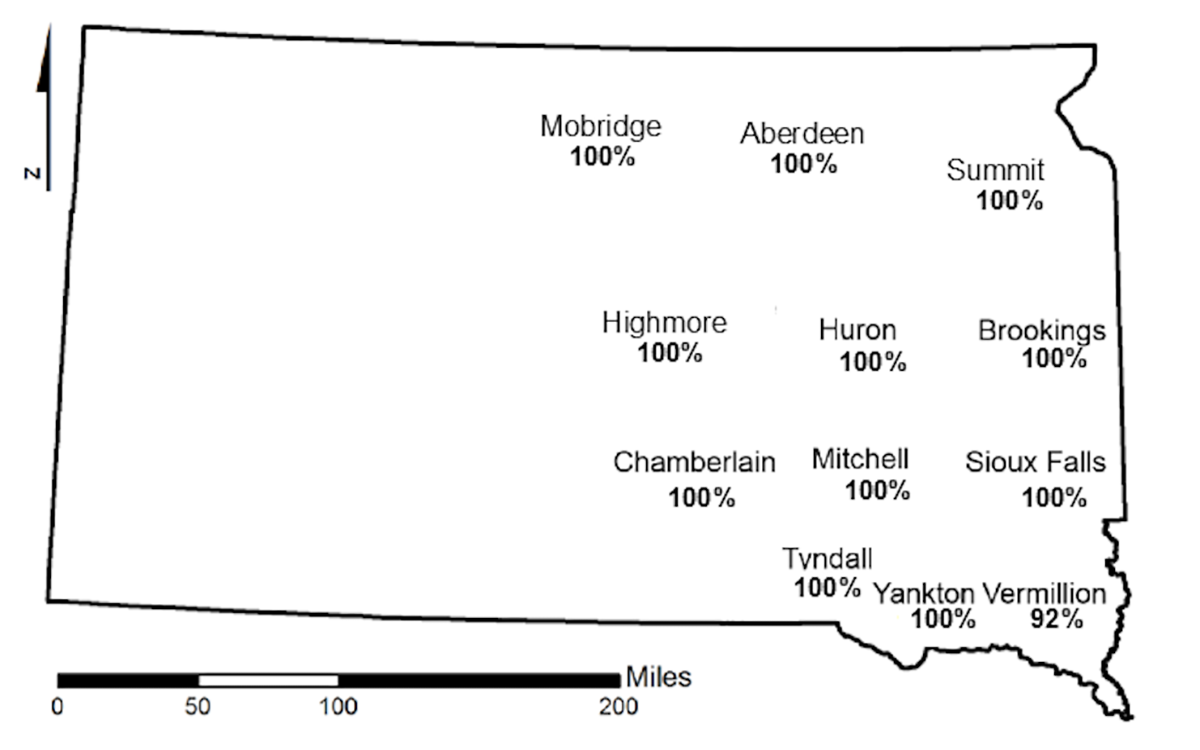A map of South Dakota displaying the predicted bean leaf beetle mortalities based on air temperatures at or below 14 F or colder for South Dakota. For a detailed description, please call SDSU Extension at 605-688-4792.