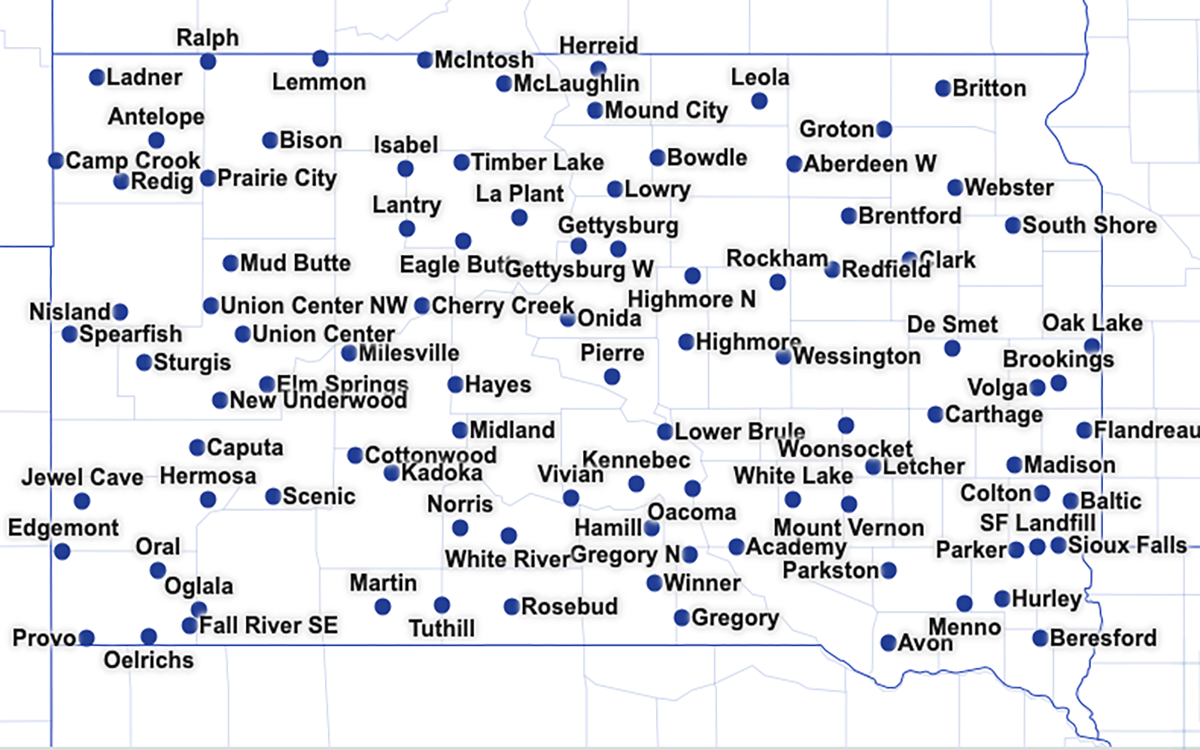 Map of South Dakota with Mesonet stations marked with blue dots.