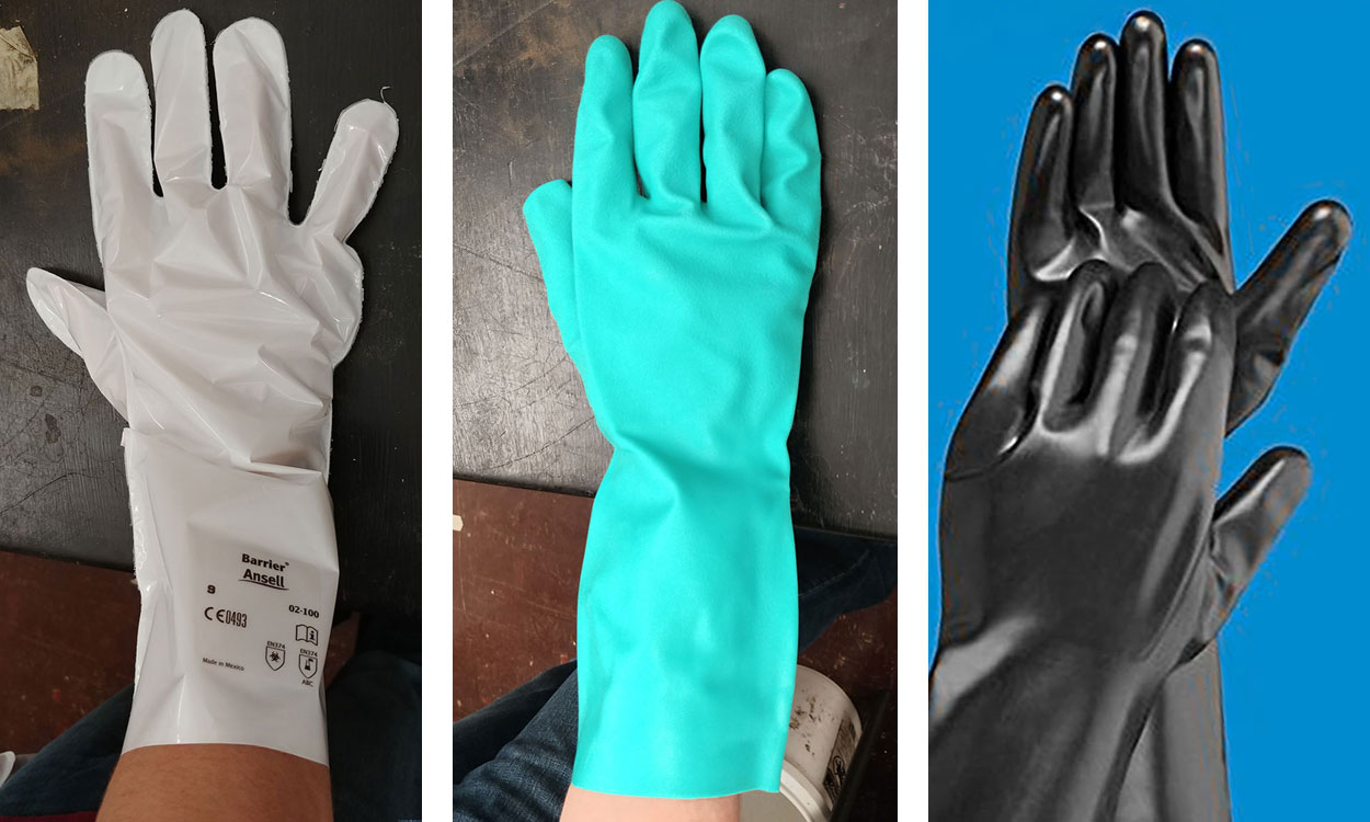 Examples of three commonly used protective gloves used for pesticide applications.