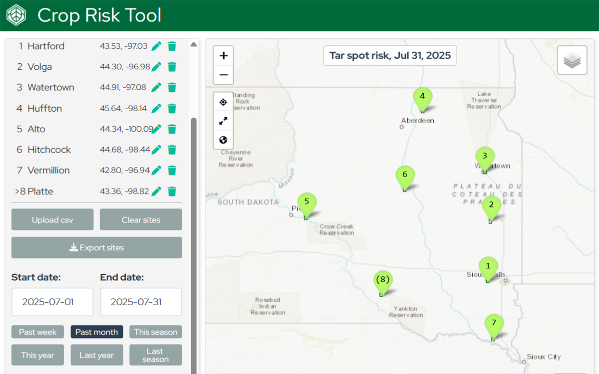 Crop Protection Network Tar Spot Tracking Map featuring data for 8 locations throughout South Dakota. For a detailed description, please call SDSU Extension at 605-688-4792.