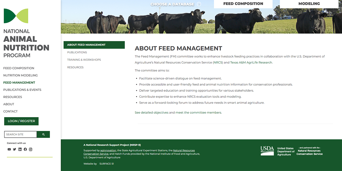 Screenshot of the National Animal Nutrition Program homepage for the Feed Management committee that has a logo and different tabs: About Feed Management, Publications, Training &amp; Workshops, and Resources.