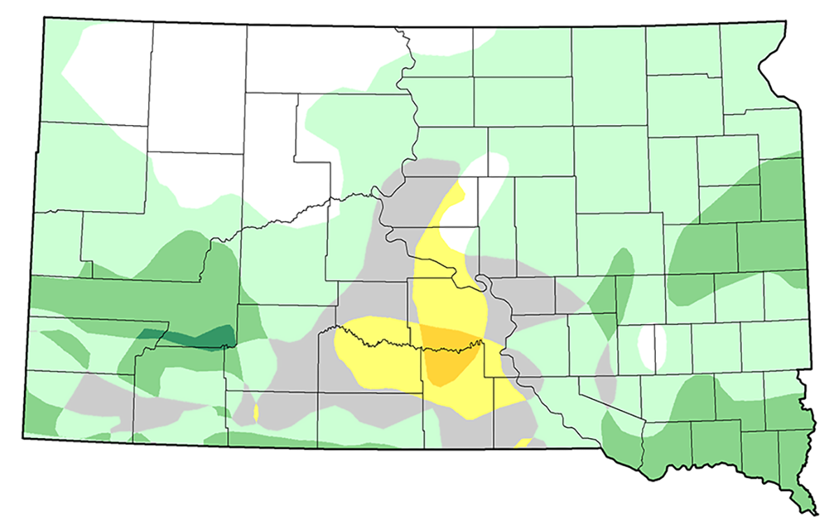 Color-coded map of South Dakota indicating the number of classes of change in drought conditions from June 3 to September 2, 2025. For a detailed description, please call SDSU Extension at 605-688-4792.