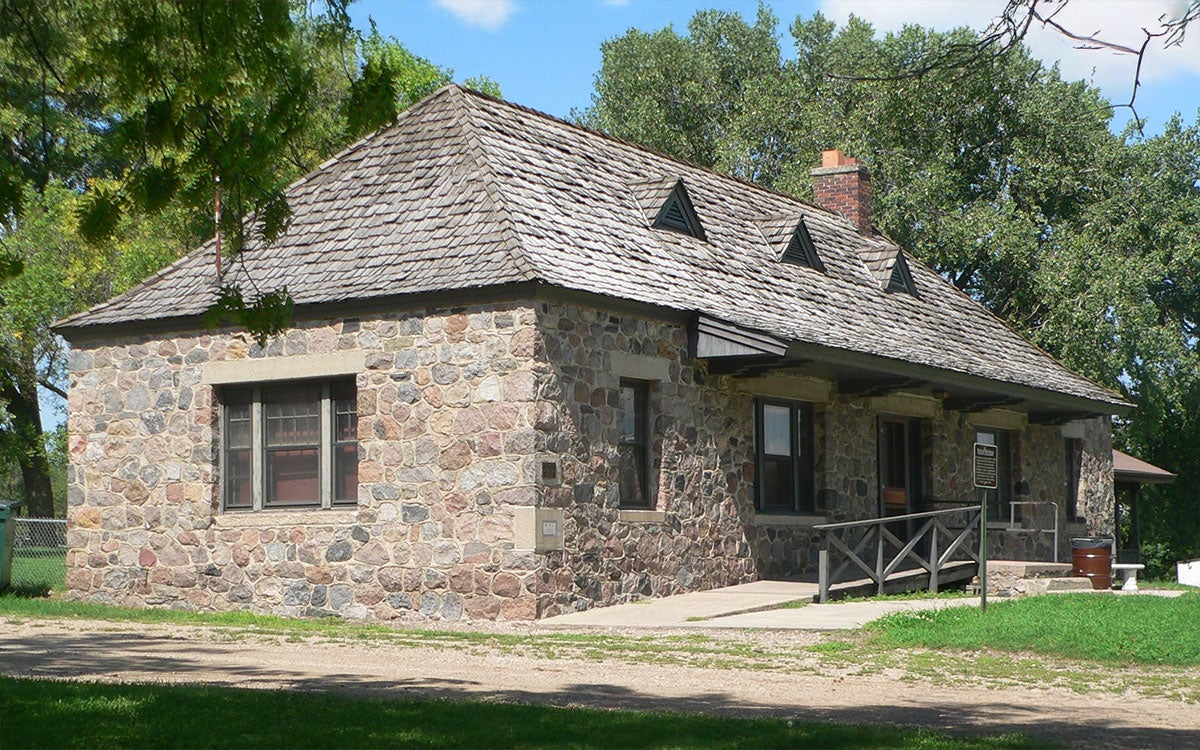 Field house in city park in Wessington Springs, South Dakota; seen from the southeast.