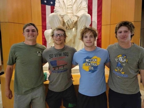 The McCook County FFA Land Judging Team, from left to right: Owen Alley, Jackson, Remmers, Carter, Randall and Weston Remmers. (Photo by Terry Rieckman