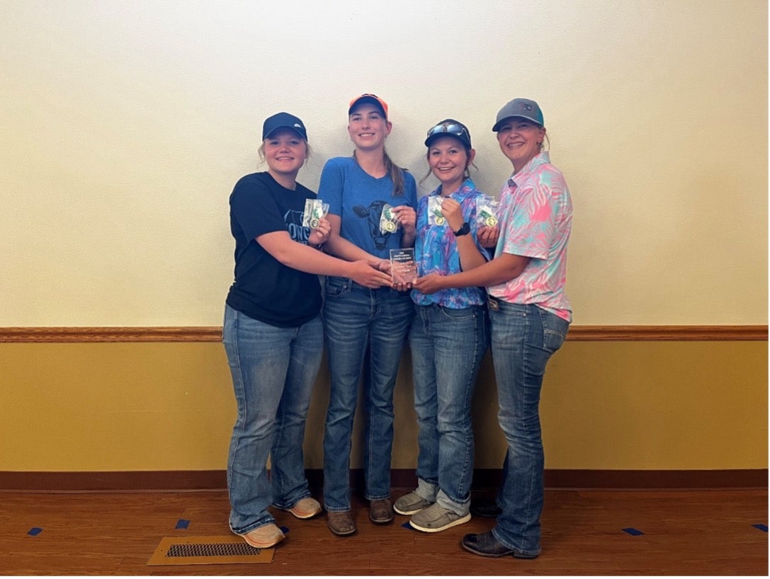 The top Rangeland Contest Go-Getter 4-H team was Haakon/Corson County whose members were (left to right) Katelyn Gebhart, Darla Barnes, Mackenzie Hovland, and Molly Harty. This team will represent South Dakota at the National Land and Range Judging Contest in 2026 in Yukon, Oklahoma.