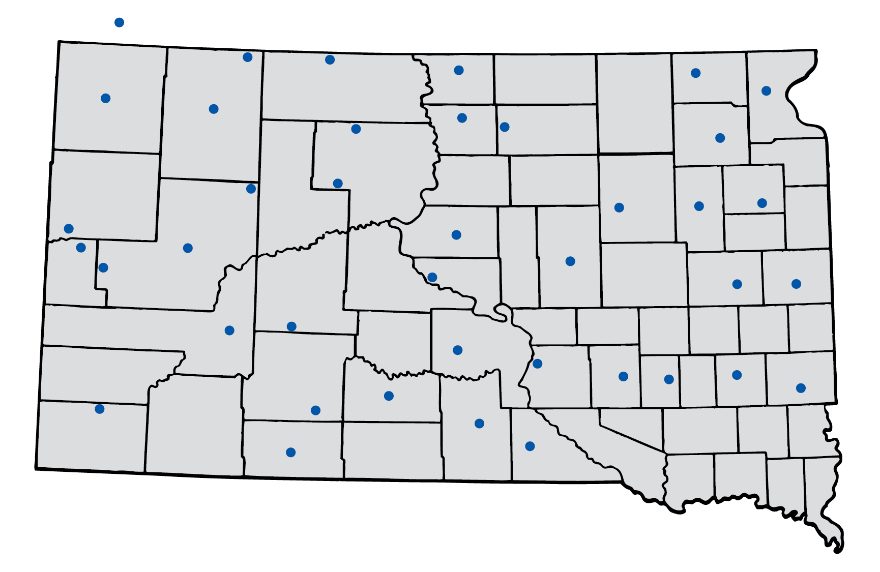 A map of South Dakota with dots indicating where Annie's Project classes have taken place. 