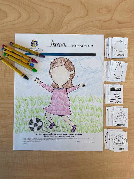 Fueled for Fun activity sheet colored with food option on the side