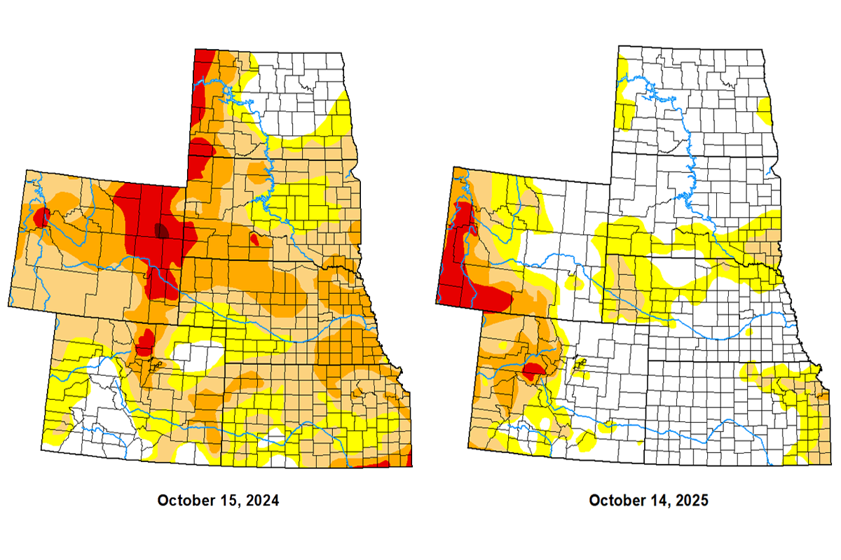 Color-coded drought monitor maps for October 2024 and October 2025. For a detailed description, please call SDSU Extension at 605-688-4792.