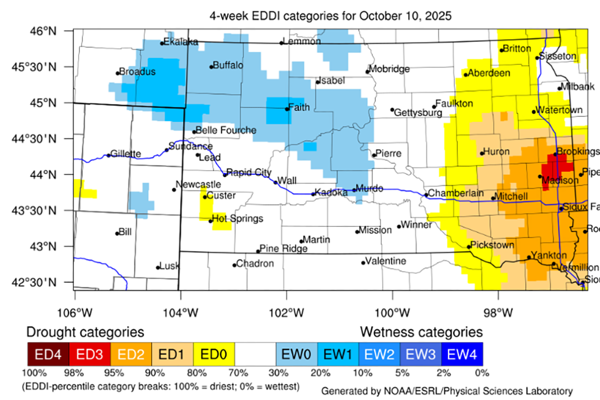 Color-coded map showing the 4-week Evaporative Demand Drought Index (EDDI) for South Dakota. For a detailed description, please call SDSU Extension at 605-688-4792.