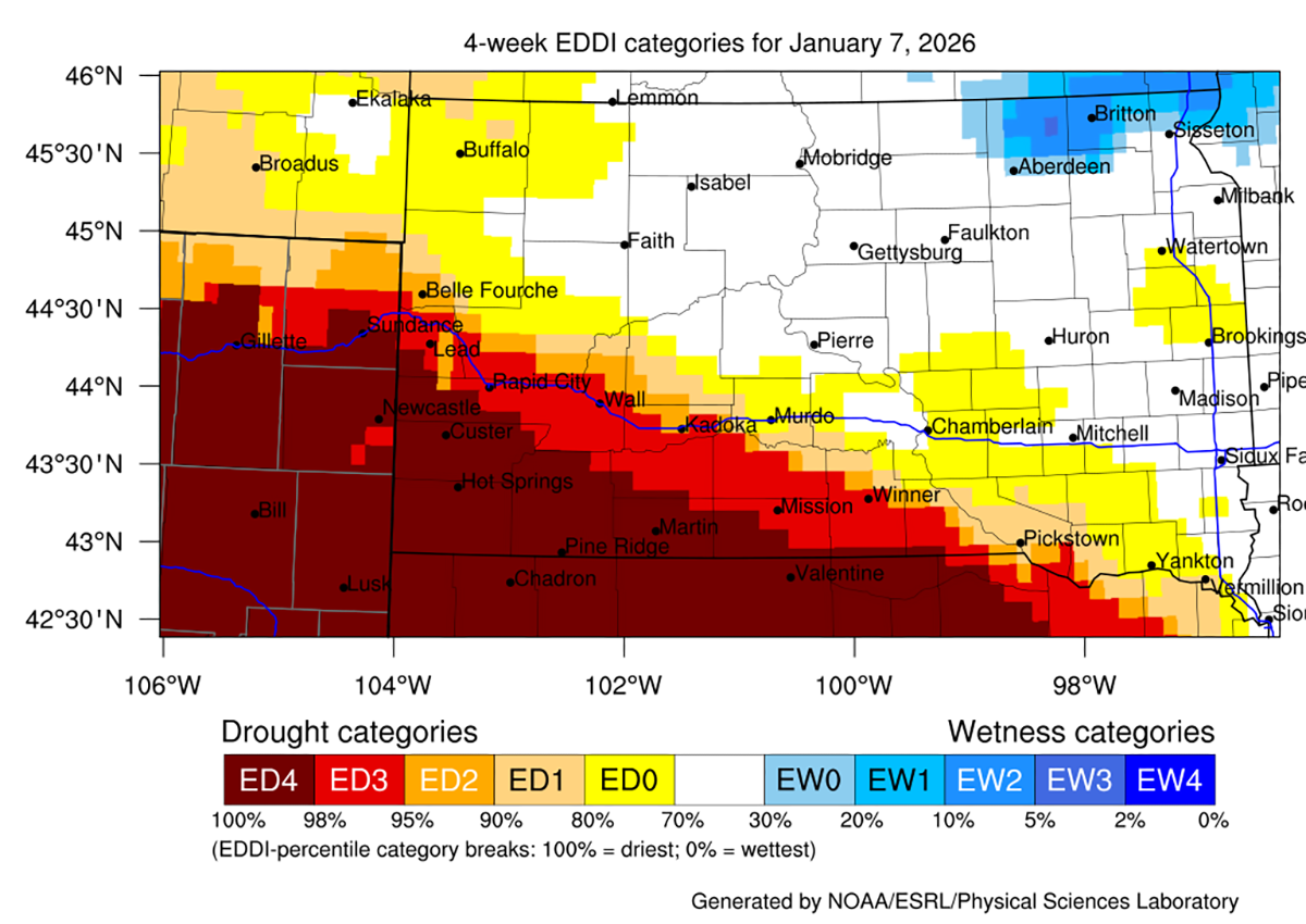 Color-coded map of South Dakota showing the 4-week Evaporative Demand Drought Index. For a detailed description, please call SDSU Extension at 605-688-4792.
