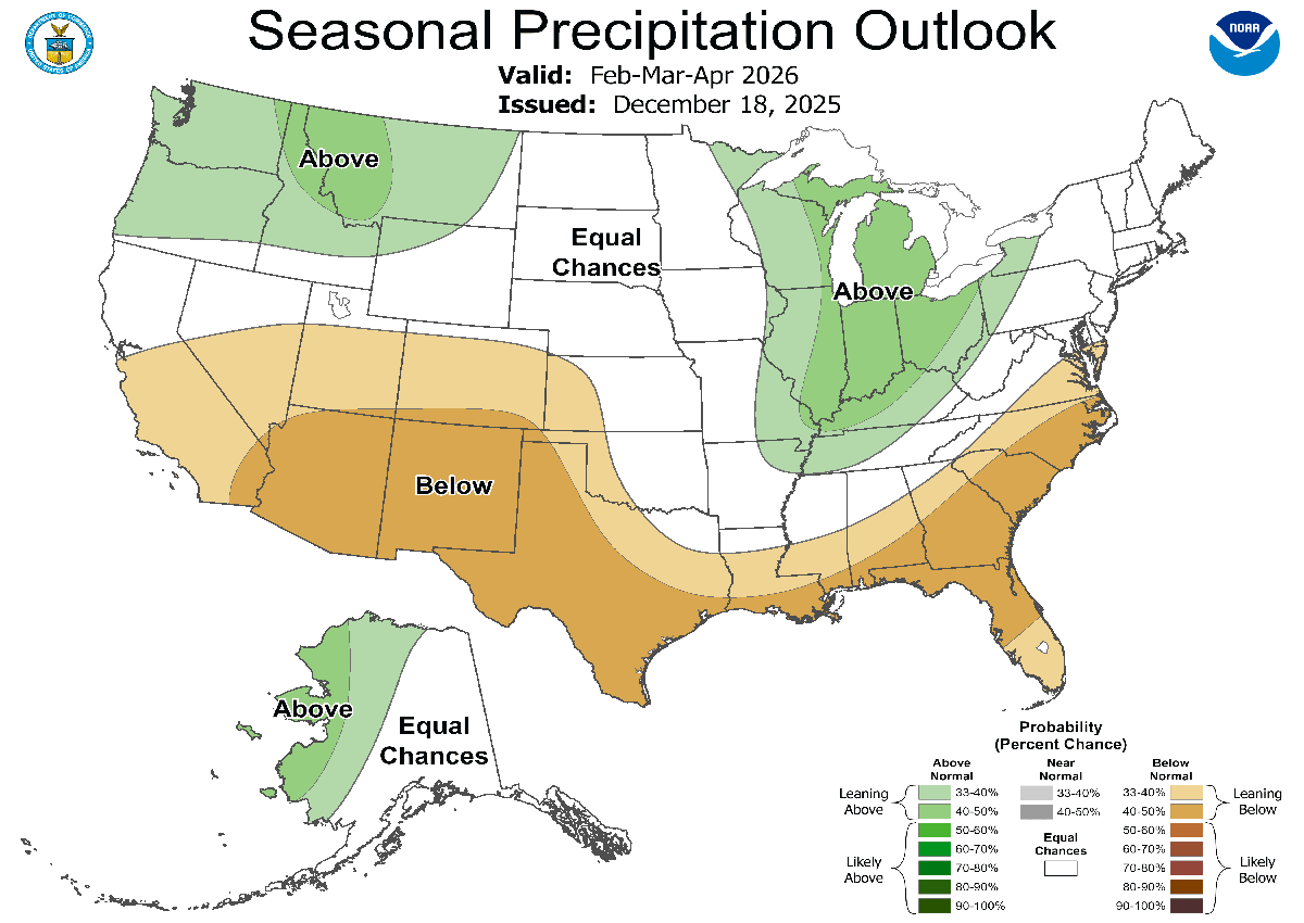 Color-coded map of the United States showing 3-month precipitation outlook. For a detailed description, please call SDSU Extension at 605-688-4792.