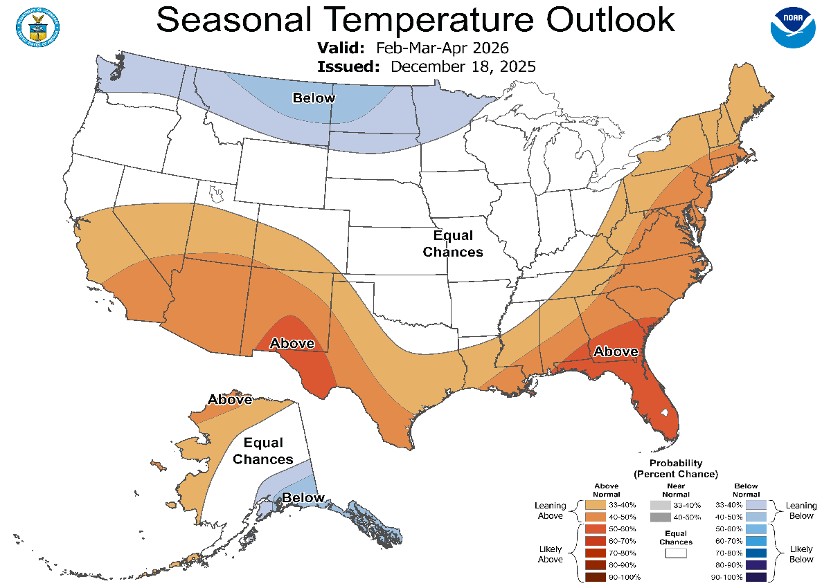 Color-coded map of the United States showing 3-month temperature outlook. For a detailed description, please call SDSU Extension at 605-688-4792.