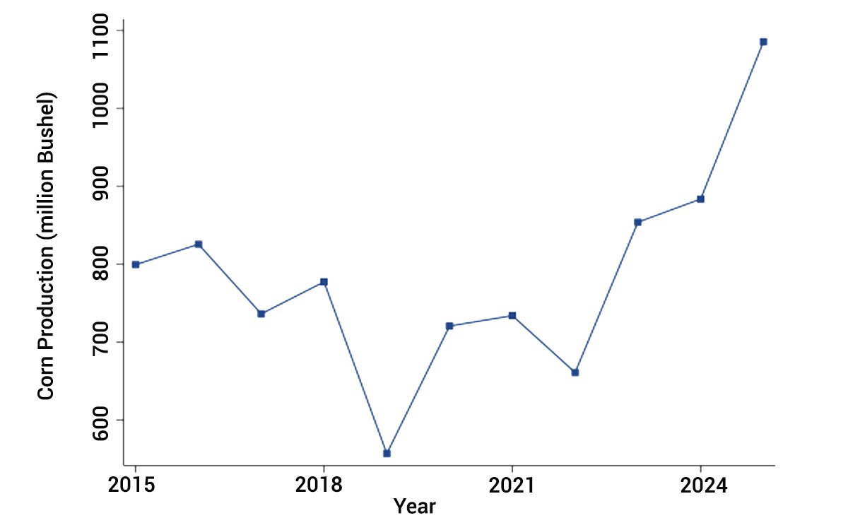 Line graph showing corn grain production in South Dakota from 2015 to 2025. For a detailed description, please call SDSU Extension at 605-688-4792.