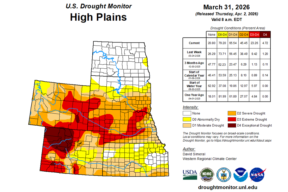Color-coded map indicating drought conditions in the high plains region. For a detailed description, please call SDSU Extension at 605-688-4792.