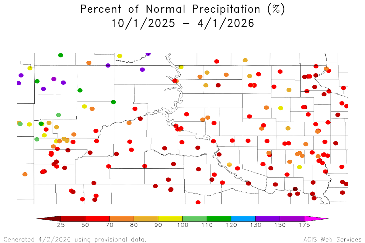 Color-coded plot map showing percent of normal precipitation in South Dakota. For a detailed description, please call SDSU Extension at 605-688-4792.