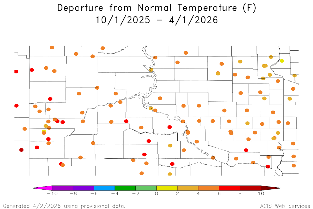 Color-coded plot map showing percent of normal temperature in South Dakota. For a detailed description, please call SDSU Extension at 605-688-4792.