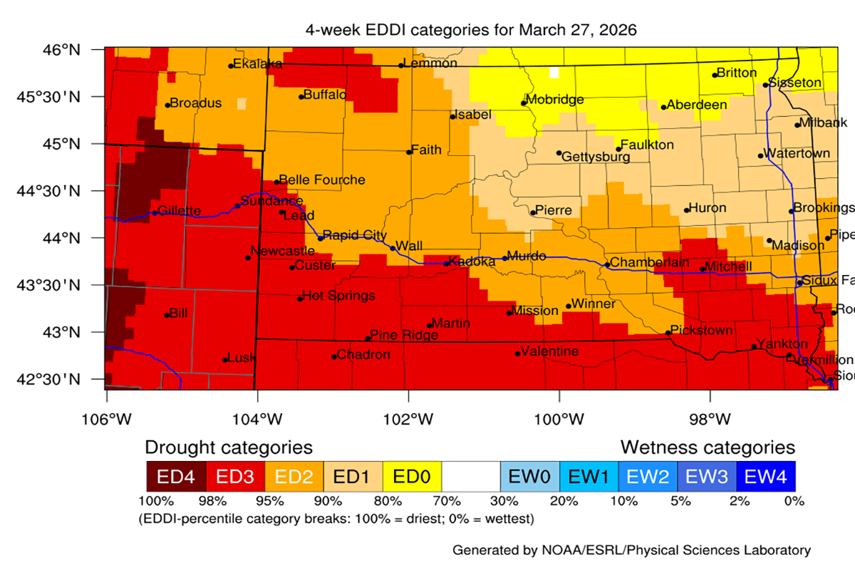 Color-coded plot map showing 4-week Evaporative Demand Drought Index for South Dakota. For a detailed description, please call SDSU Extension at 605-688-4792.