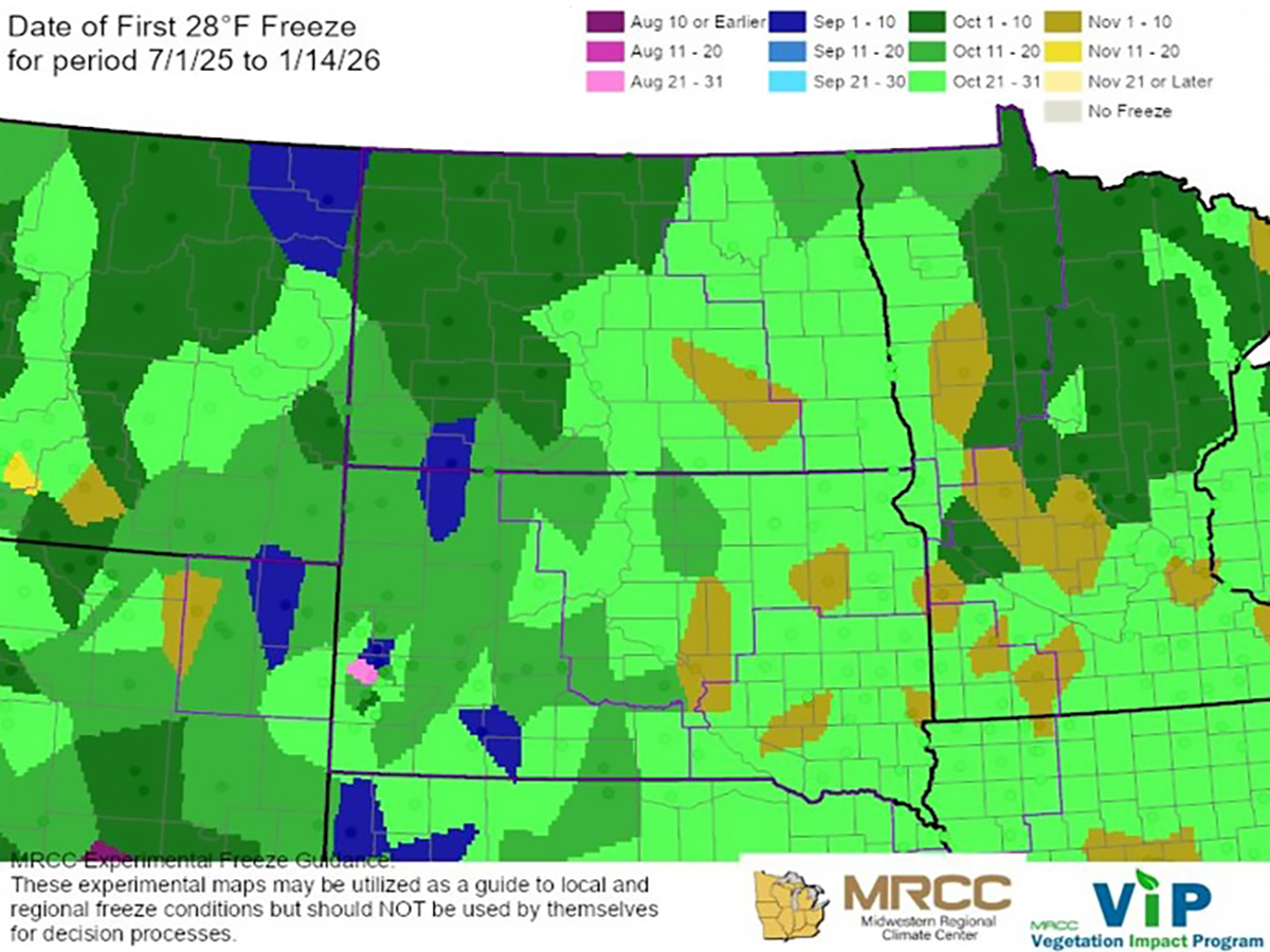 Map of South Dakota with varying colors indicating the first hard freeze date for 2025.  For a detailed description, please call SDSU Extension at 605-688-4792.