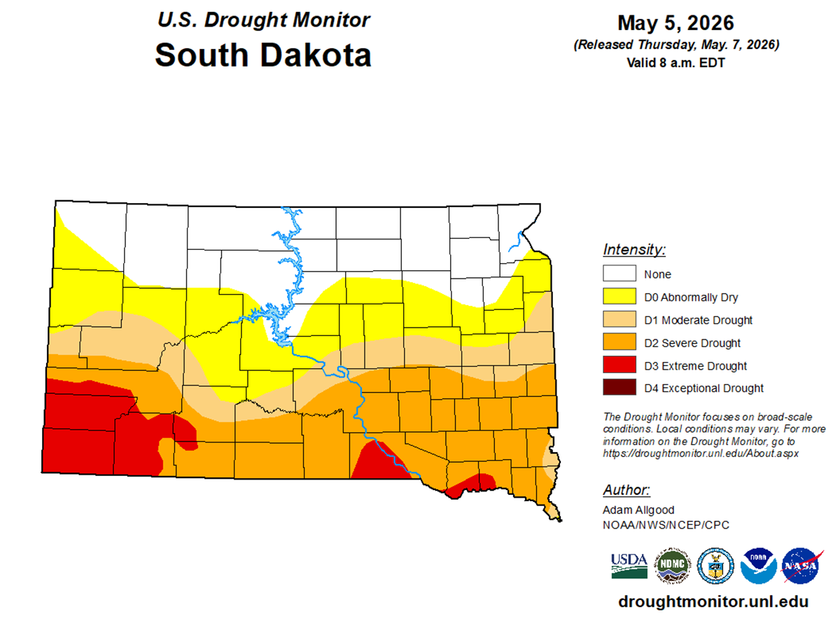 Map of South Dakota with varying colors indicating the level of drought that is being experienced. For a detailed description, please call SDSU Extension at 605-688-4792.