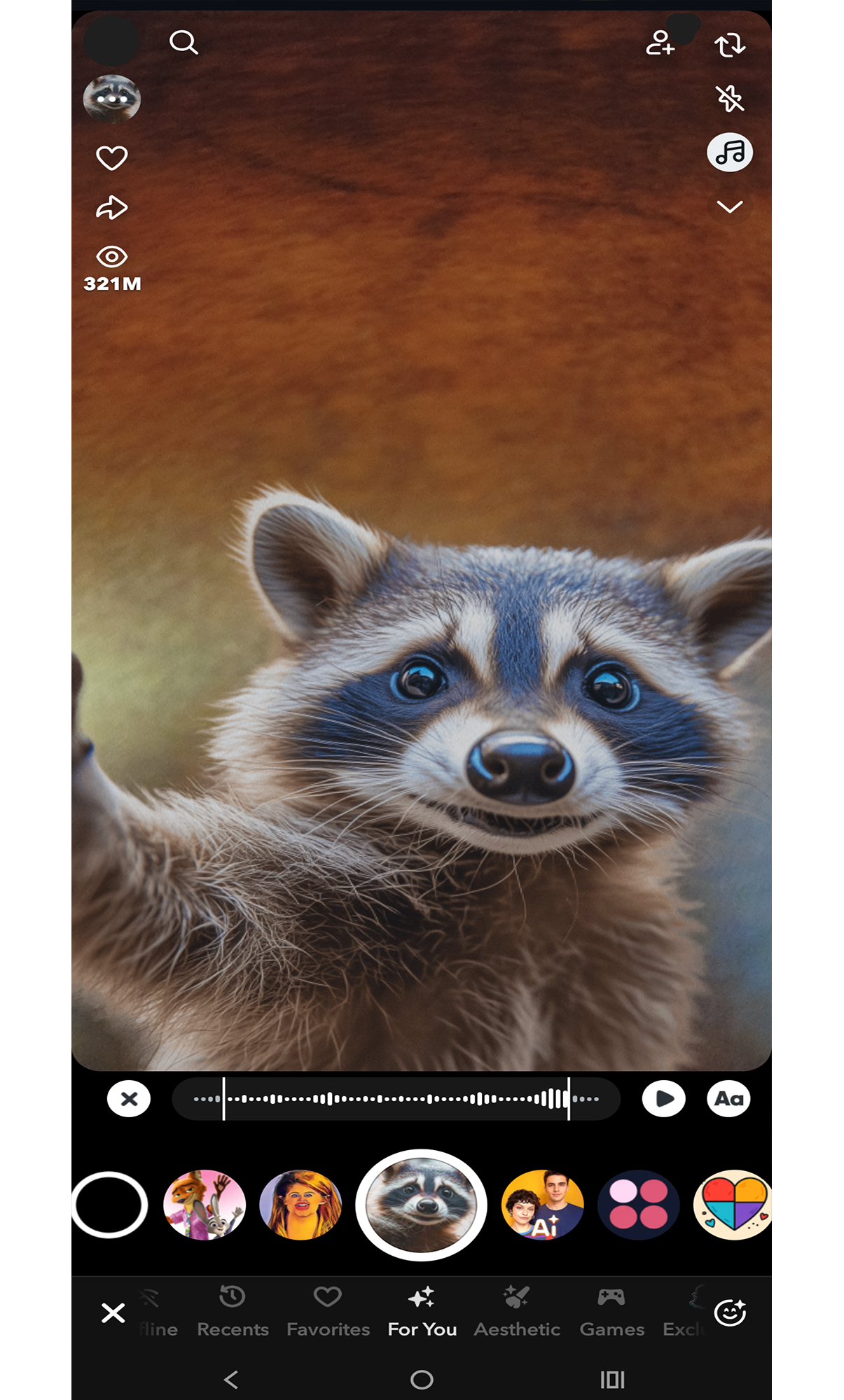 Snapchat interface with a filter selected and a raccoon overlay now on the camera screen.