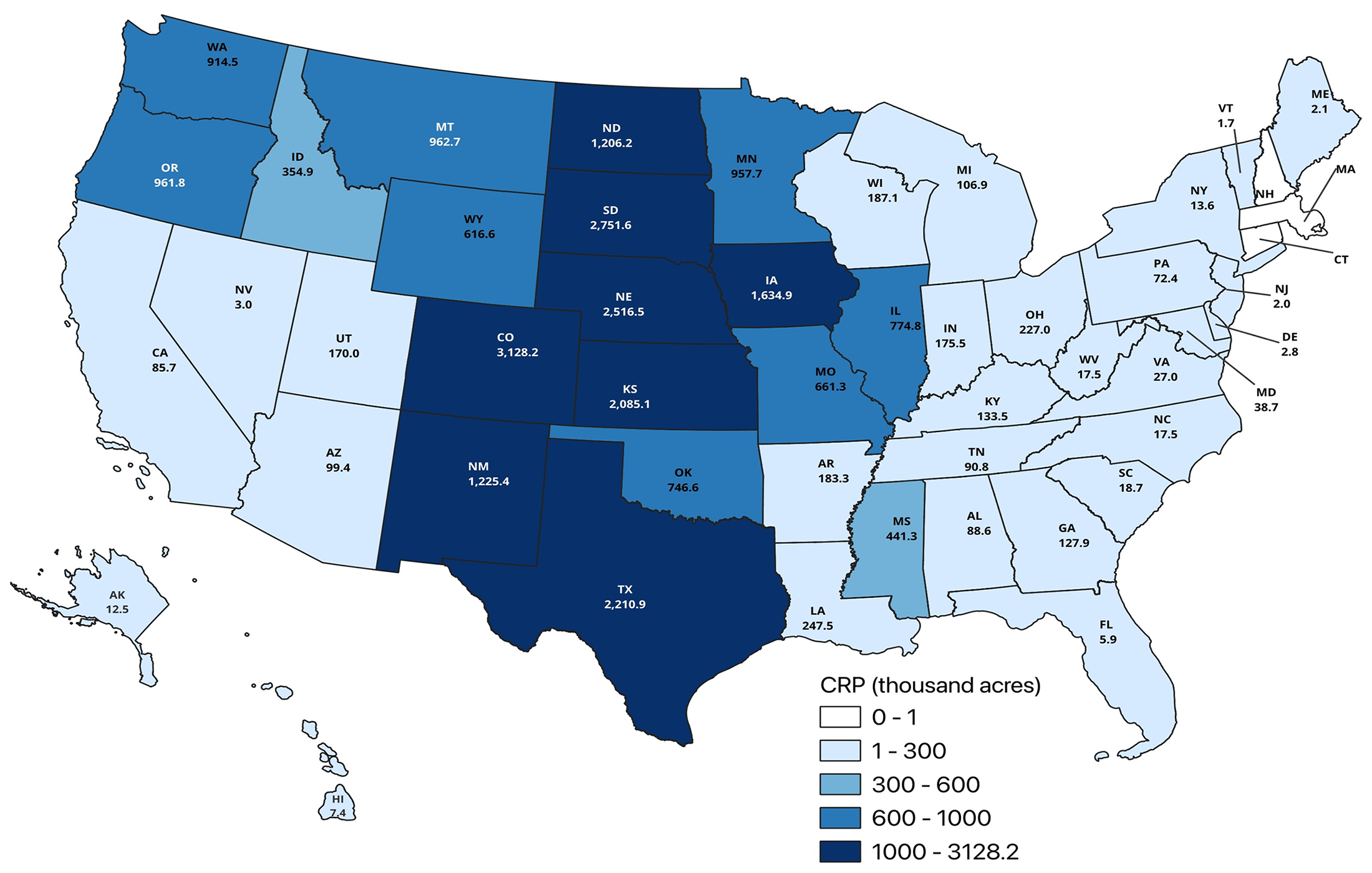 Color-coded map of the United States showing non-grassland CRP enrollment by state in 2025. For a detailed description, please call SDSU Extension at 605-688-4792.