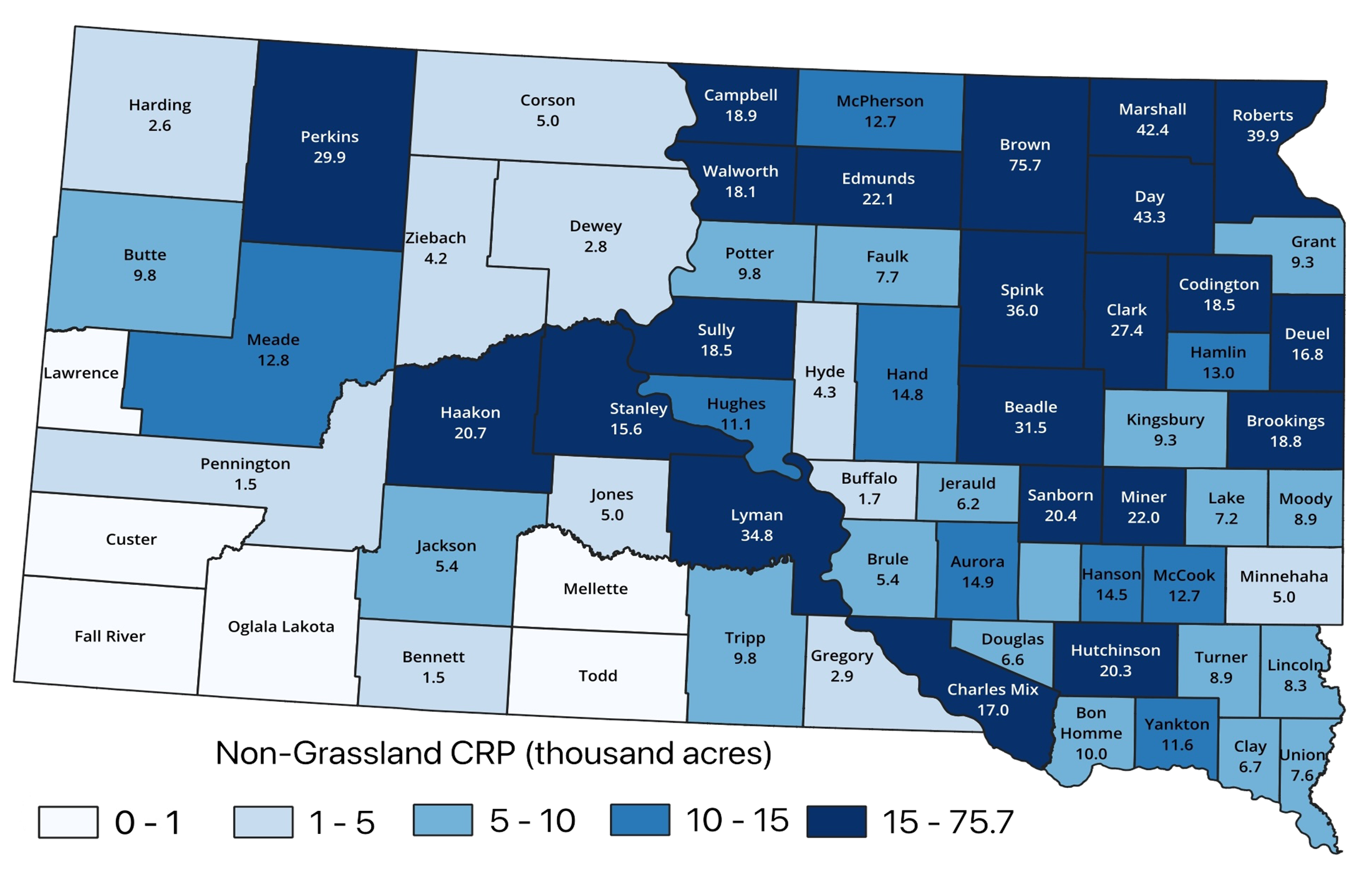 Color-coded map of South Dakota showing Non-grassland CRP enrollment by county during the year 2025. For a detailed description, please call SDSU Extension at 605-688-4792.