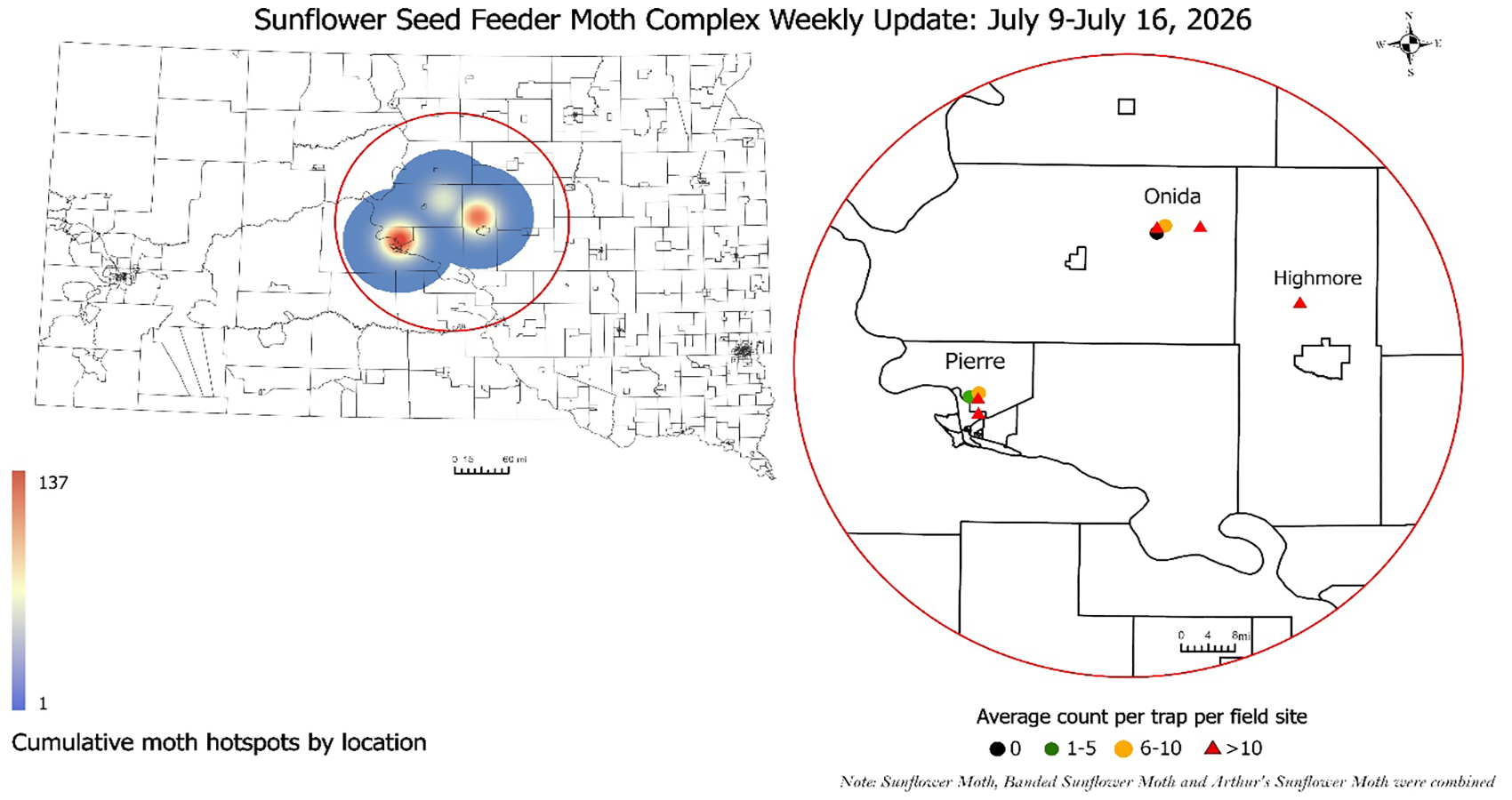 Map of South Dakota with blue circles with light red highlights showing increased pest intensity. Magnified area of highest pest intensity to indicate locations within Hughes County. 