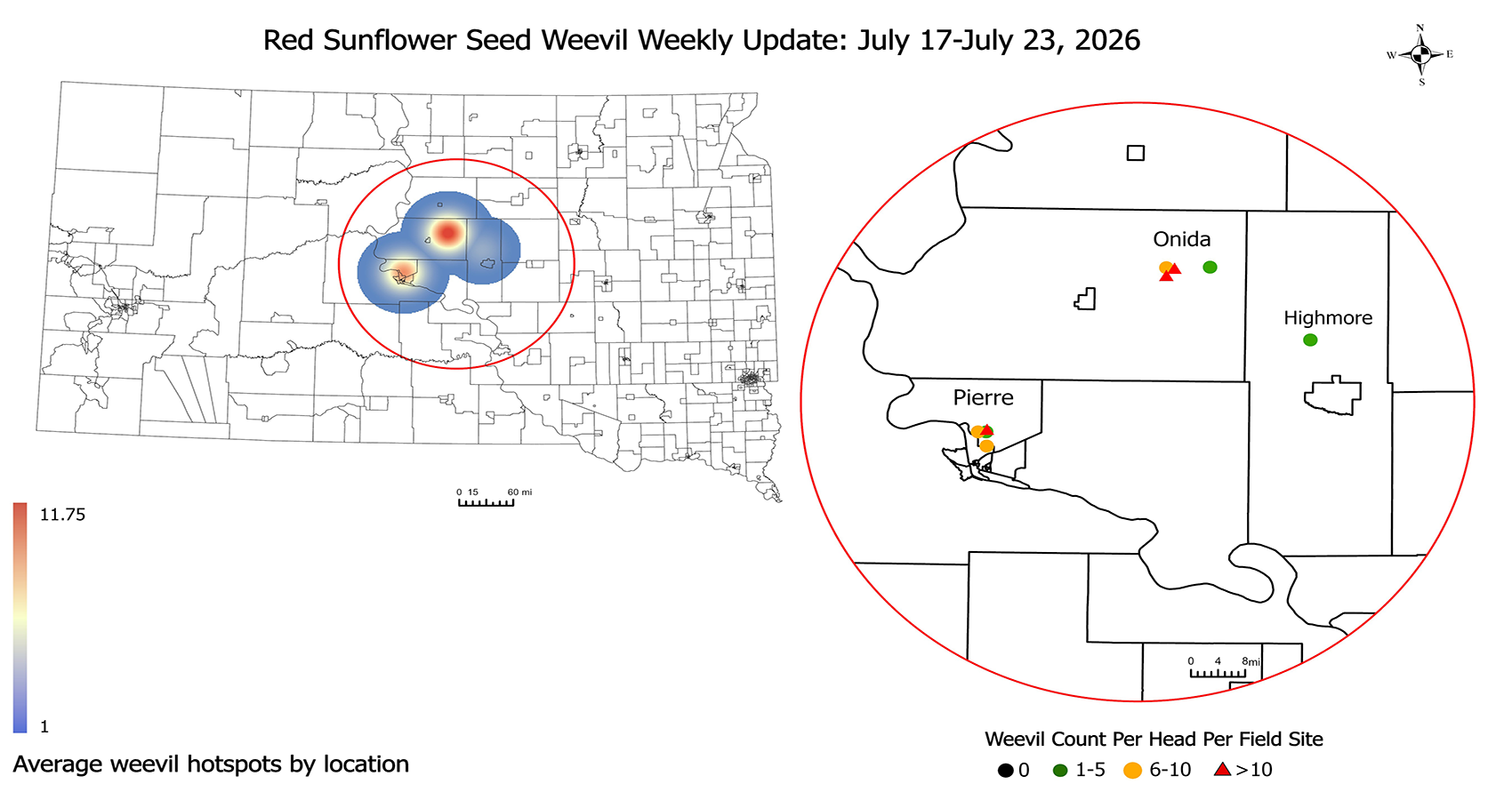 Map of South Dakota with blue circles with light red highlights showing increased pest intensity. Magnified area of highest pest intensity to indicate locations within Hughes County. 