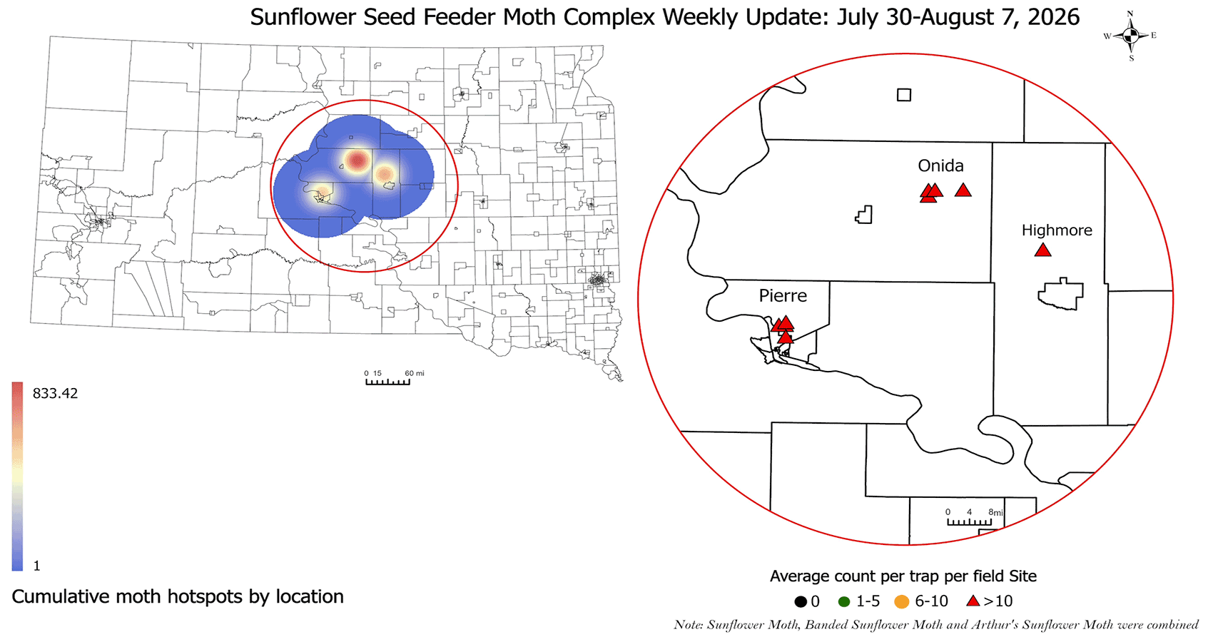 Map of South Dakota with blue circles with light red highlights showing increased pest intensity. Magnified area of highest pest intensity to indicate locations within Hughes County. For a detailed description, please call SDSU Extension at 605-688-4792.