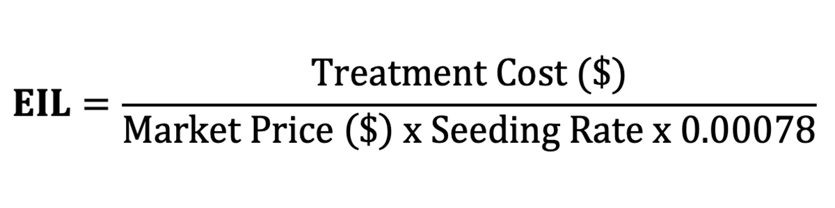 To calculate economic injury level, take the treatment cost in dollars and divide it by market price times seeding rate times 0.00078. For assistance with this calculation, please call SDSU Extension at 605-688-4792.