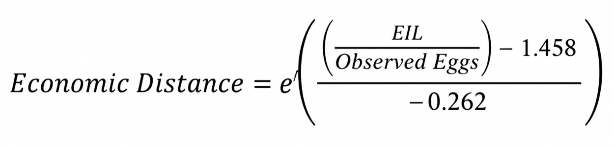 To calculate economic distance, take the economic injury level times the EIL divided by observed eggs subtracted by 1.458 divided by negative 0.262. For assistance with this calculation, please call SDSU Extension at 605-688-4792.