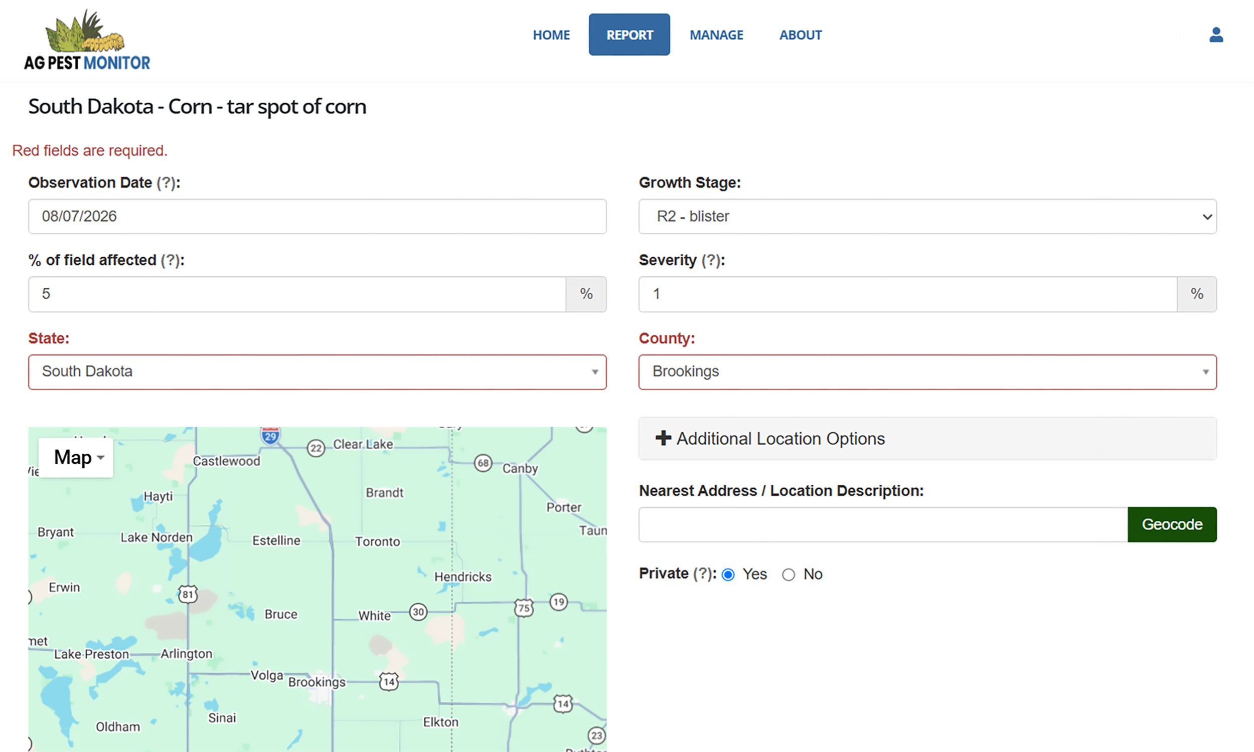 Tarspot reporting form with location information and crop condition filled out.