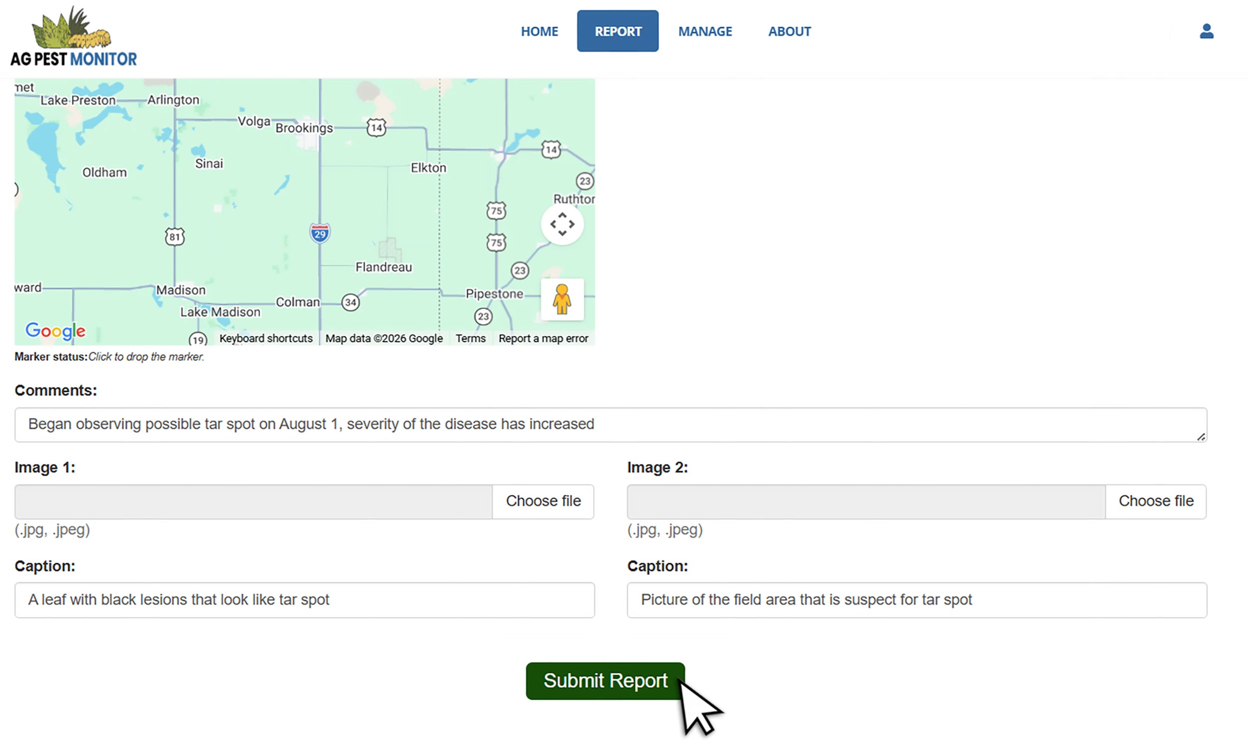 Tarspot reporting form with images, captions, and comments filled out.