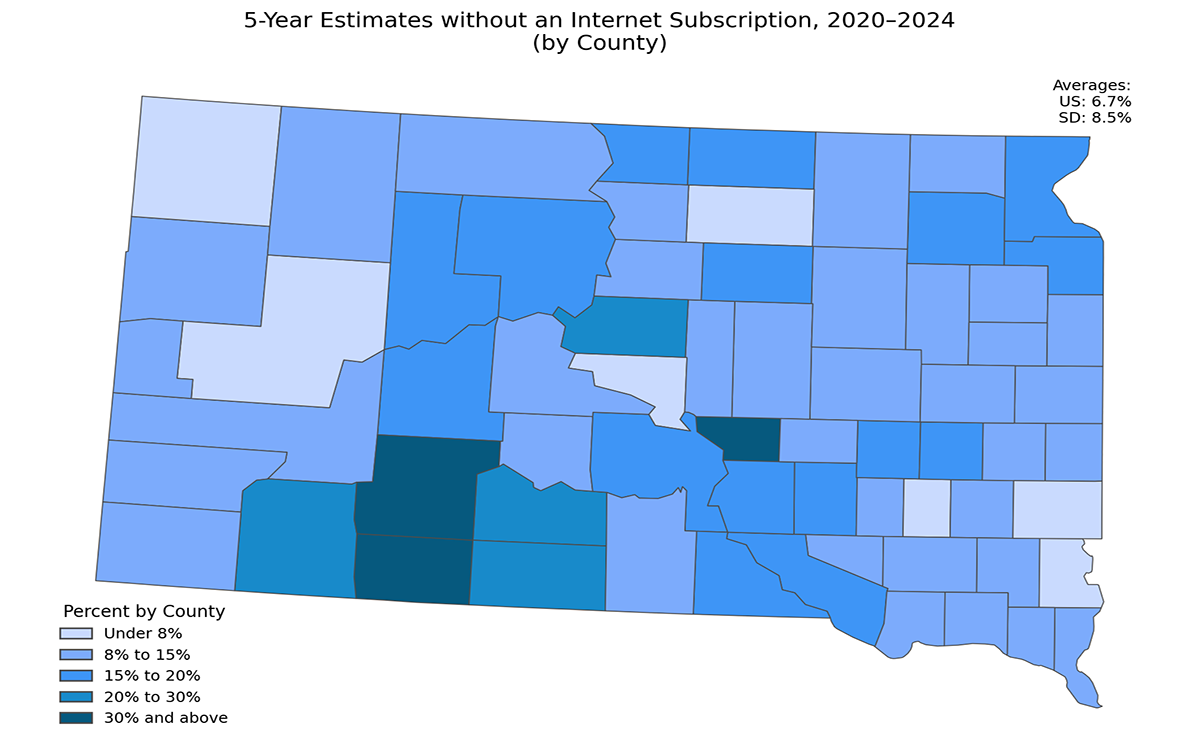 Color-coded map of South Dakota showing Five-Year Estimates without an Internet Subscription at the County Level. For a detailed description, please call SDSU Extension at 605-688-4792.