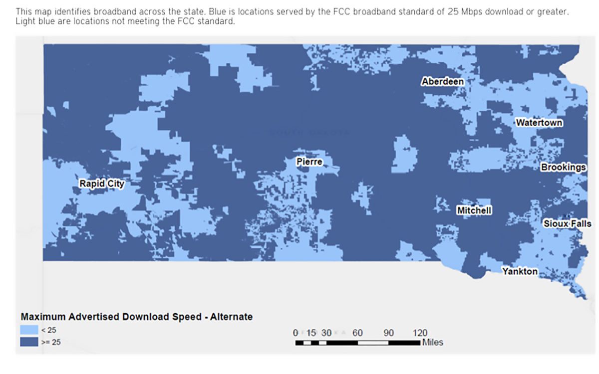 Color-coded map showing Broadband Download Speeds Across South Dakota. For a detailed description, please call SDSU Extension at 605-688-4792.