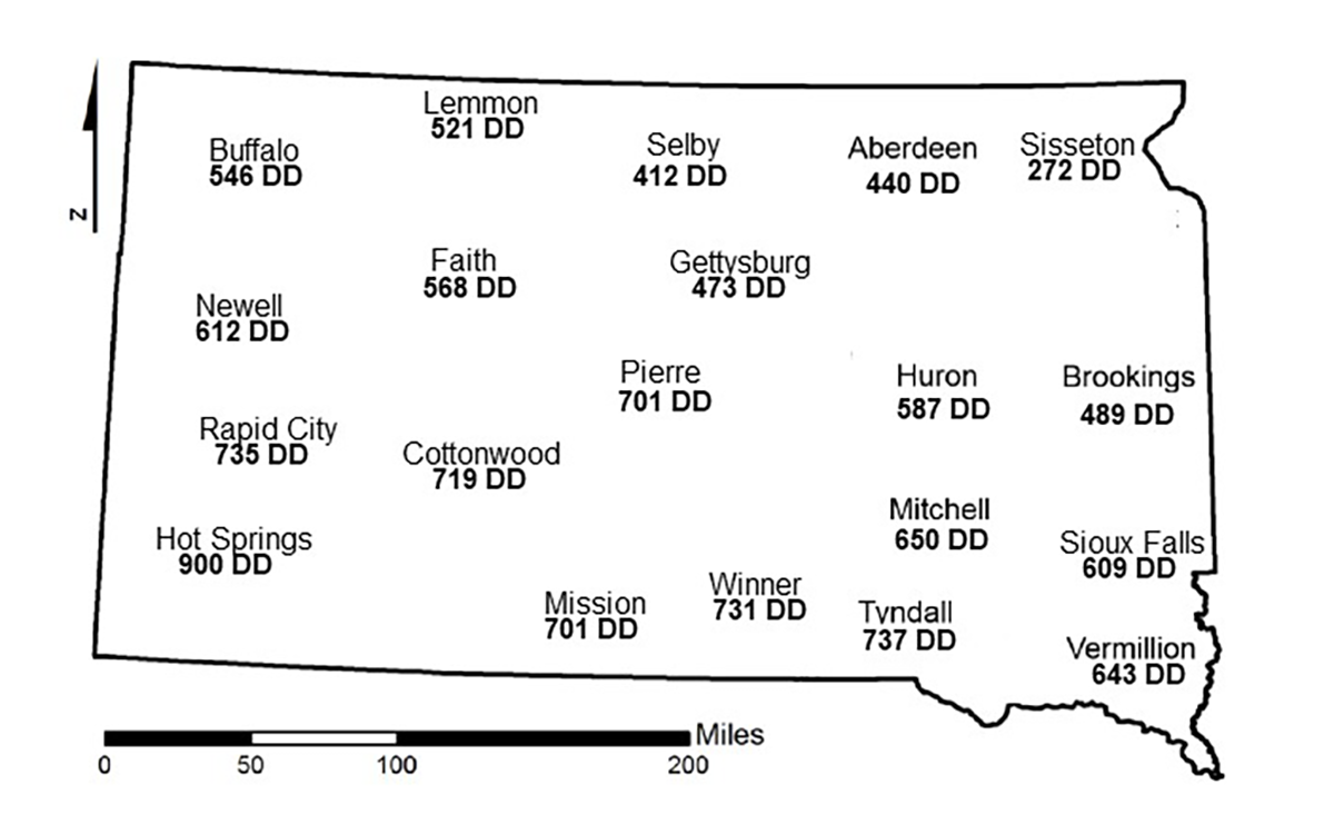 Map showing the current degree day accumulations of common stalk borers for several South Dakota locations. For assistance reading this graphic and data set, please call SDSU Extension at 605-688-4792.